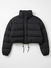 Black Cropped Puffer Jacket with Drawstring Hem and High Neck