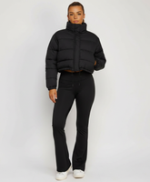 Black Cropped Puffer Jacket with Drawstring Hem and High Neck