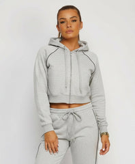 Bleach Grey Piping Detail Zip-Up Crop Hoodie & Wide Leg Jogger Co-Ord Tracksuit Set