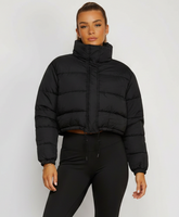 Black Cropped Puffer Jacket with Drawstring Hem and High Neck