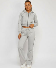 Bleach Grey Piping Detail Zip-Up Crop Hoodie & Wide Leg Jogger Co-Ord Tracksuit Set