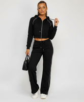 Black Piping Detail Zip-Up Crop Hoodie & Wide Leg Jogger Co-Ord Tracksuit Set