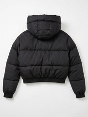 Black Cropped Hooded Puffer Jacket with Oversized Hood & Utility Pocket Detail
