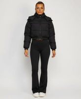 Black Cropped Hooded Puffer Jacket with Oversized Hood & Utility Pocket Detail