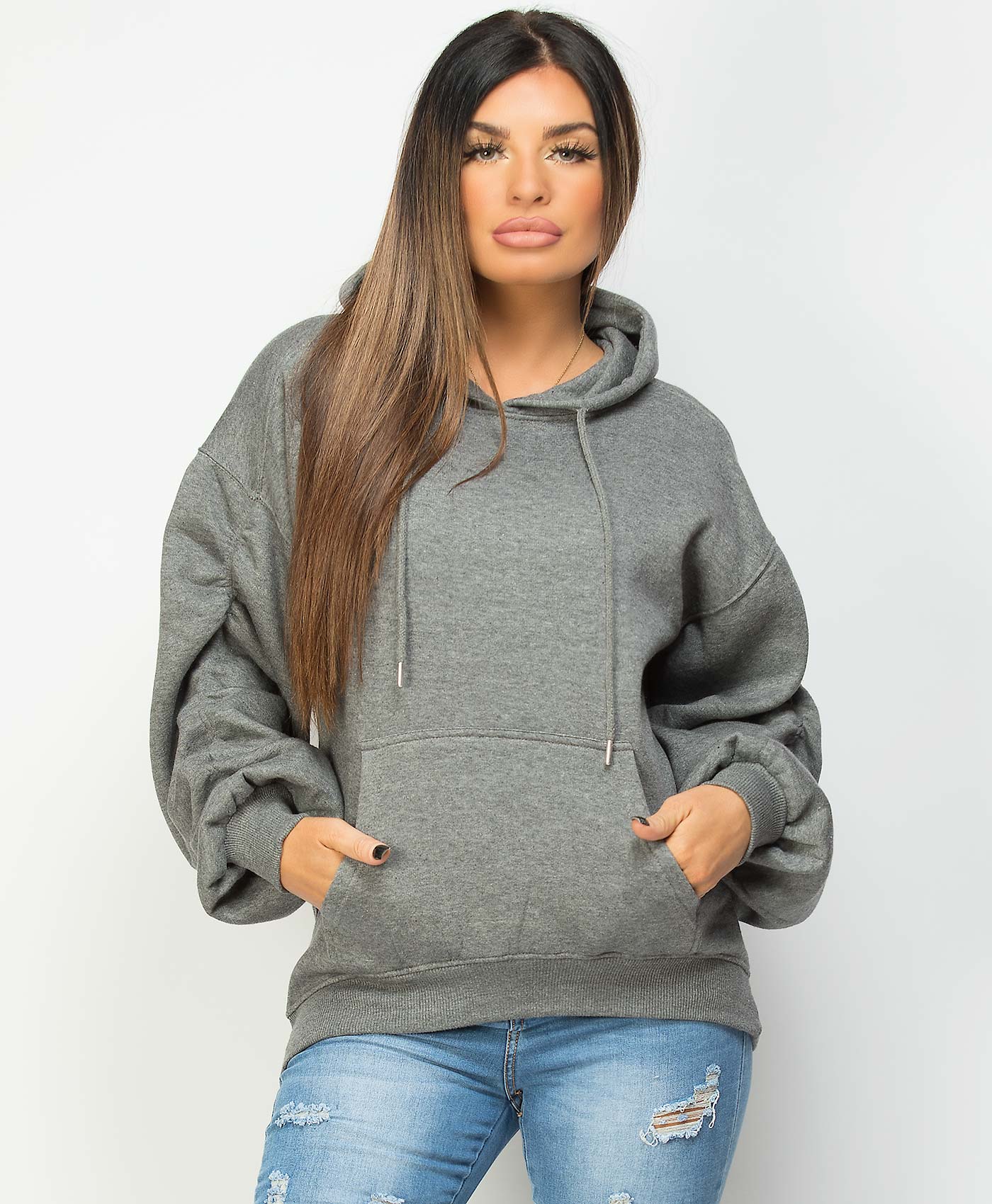 Charcoal-Oversize-Fit-Ruched-Sleeve-Hi-Lo-Hem-Hoodie-3