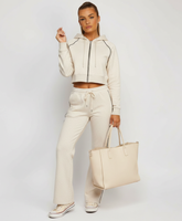 Oatmeal Piping Detail Zip-Up Crop Hoodie & Wide Leg Jogger Co-Ord Tracksuit Set