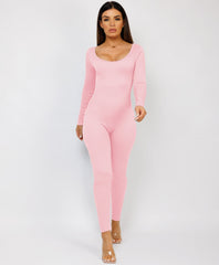 Baby Pink-Elastic-Ribbed-Long-Sleeve-Jumpsuit-8