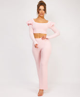 Pink Frill Shoulder Long Sleeve Slinky Top And Trousers Loungewear Set