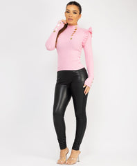 Ruffle-Shoulder-Sleeve-Ribbed-Set-Baby Pink-4