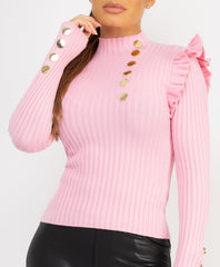 Ruffle-Shoulder-Sleeve-Ribbed-Set-Baby Pink-1