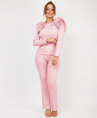 Ruffle-Shoulder-Sleeve-Ribbed-Set-Baby-Pink-1