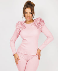 Ruffle-Shoulder-Sleeve-Ribbed-Set-Baby-Pink-4