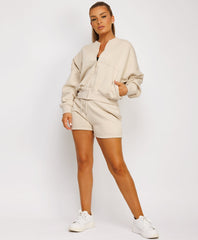 Bomber-Zip-Top-Matching-High-Waisted-Shorts-Beige-3