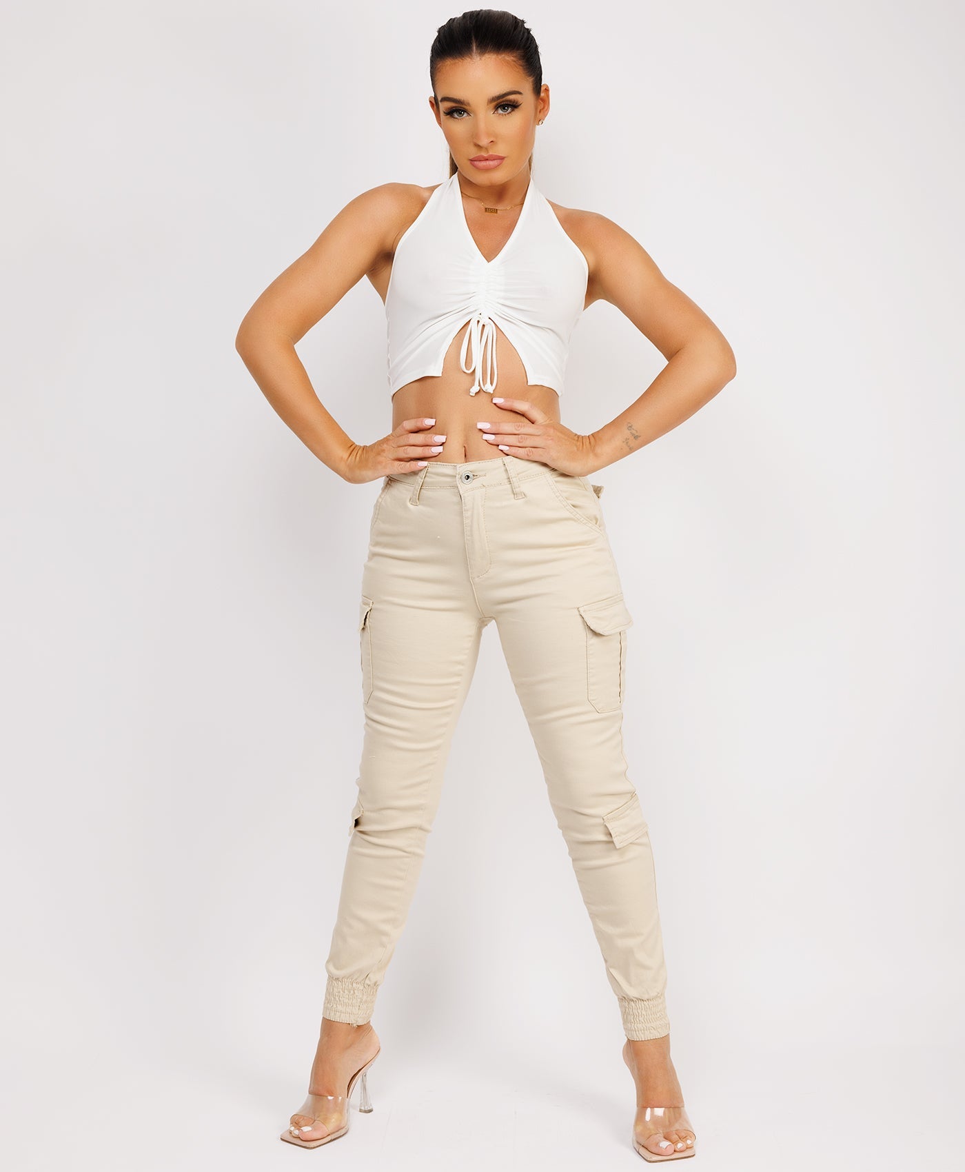 Ruffle-Shoulder-Sleeve-Ribbed-Set-Beige-3