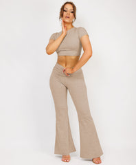 Beige Crop Top And Fold Over Flared Trousers Loungewear Set