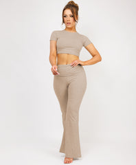 Beige Crop Top And Fold Over Flared Trousers Loungewear Set