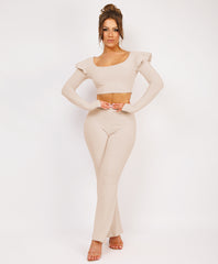 Beige Frill Shoulder Long Sleeve Slinky Top And Trousers Loungewear Set