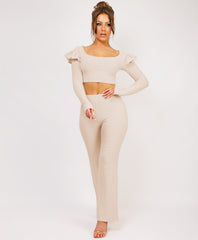Beige Frill Shoulder Long Sleeve Slinky Top And Trousers Loungewear Set