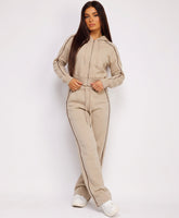 Beige Piping Cropped Zip Hoodie Wide Leg Jogger Set