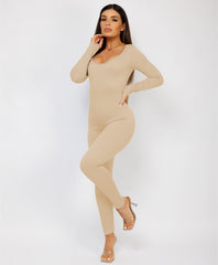 Beige Elastic Ribbed Round Neck Jumpsuit