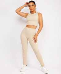 Beige Ribbed Sleeveless Loungewear Set