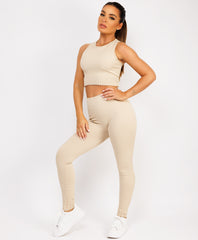 Beige Ribbed Sleeveless Loungewear Set