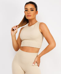 Beige Ribbed Sleeveless Loungewear Set