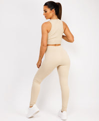 Beige Ribbed Sleeveless Loungewear Set