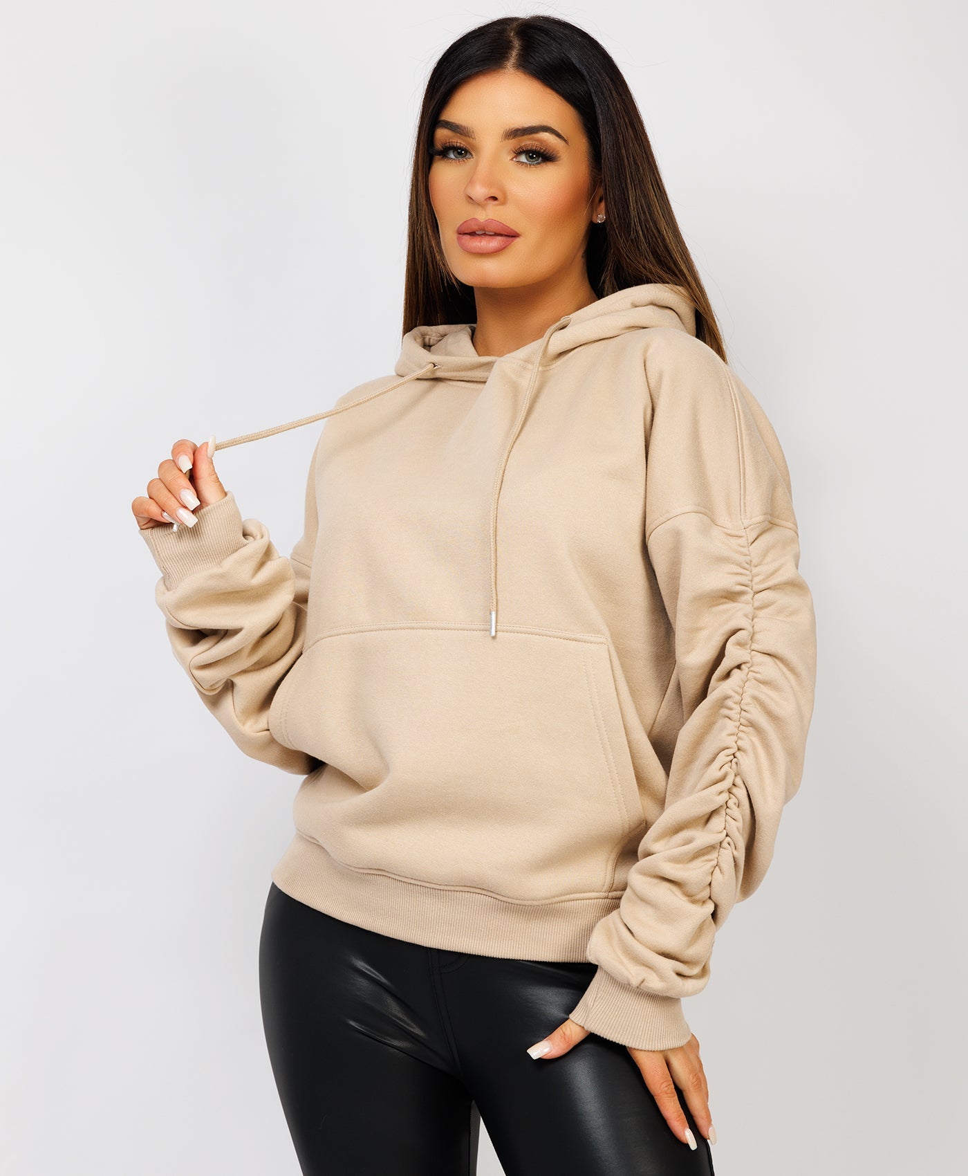 Ruched-Sleeve-Oversized-Fit-Hoodie-Beige-3
