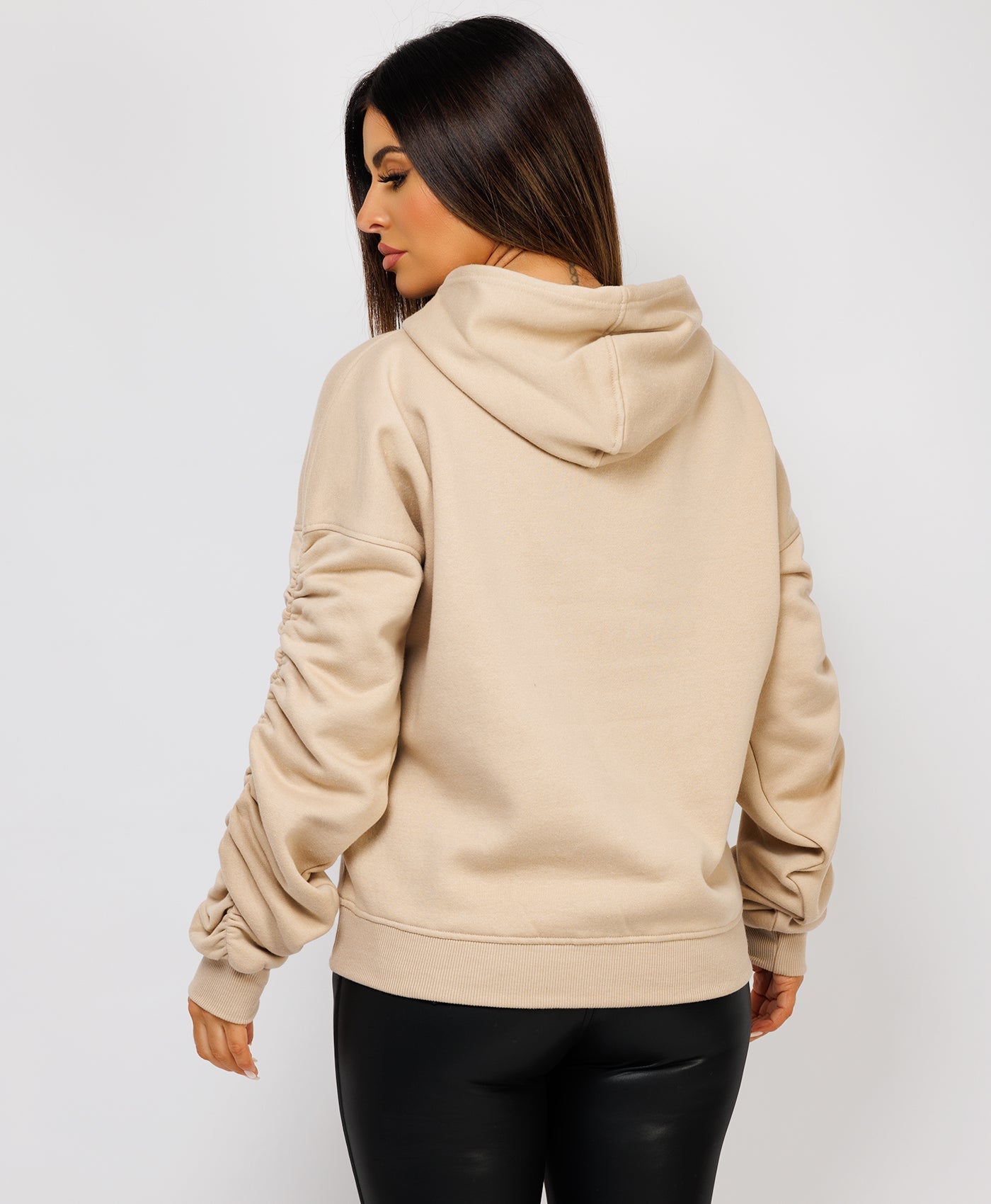 Ruched-Sleeve-Oversized-Fit-Hoodie-Beige-6