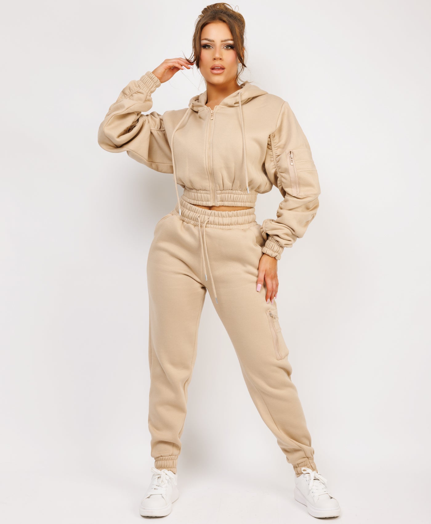 Beige Ruched Sleeve Zipped Hoodie and Joggers Tracksuit