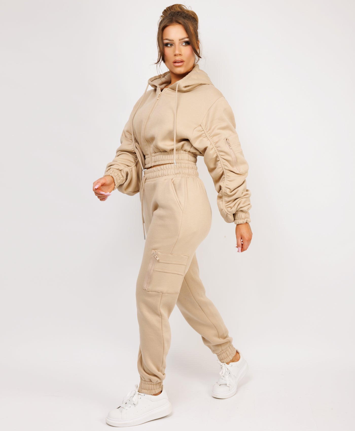 Beige Ruched Sleeve Zipped Hoodie and Joggers Tracksuit