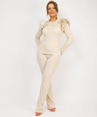 Ruffle-Shoulder-Sleeve-Ribbed-Set-Beige-2