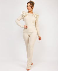 Ruffle-Shoulder-Sleeve-Ribbed-Set-Beige-1