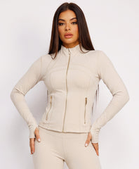 Beige Sport Gold Zipped Gym Jacket Leggings Co-Ord Set