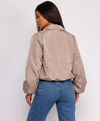 Beige Zip-Up Windbreaker With Elasticated Hem