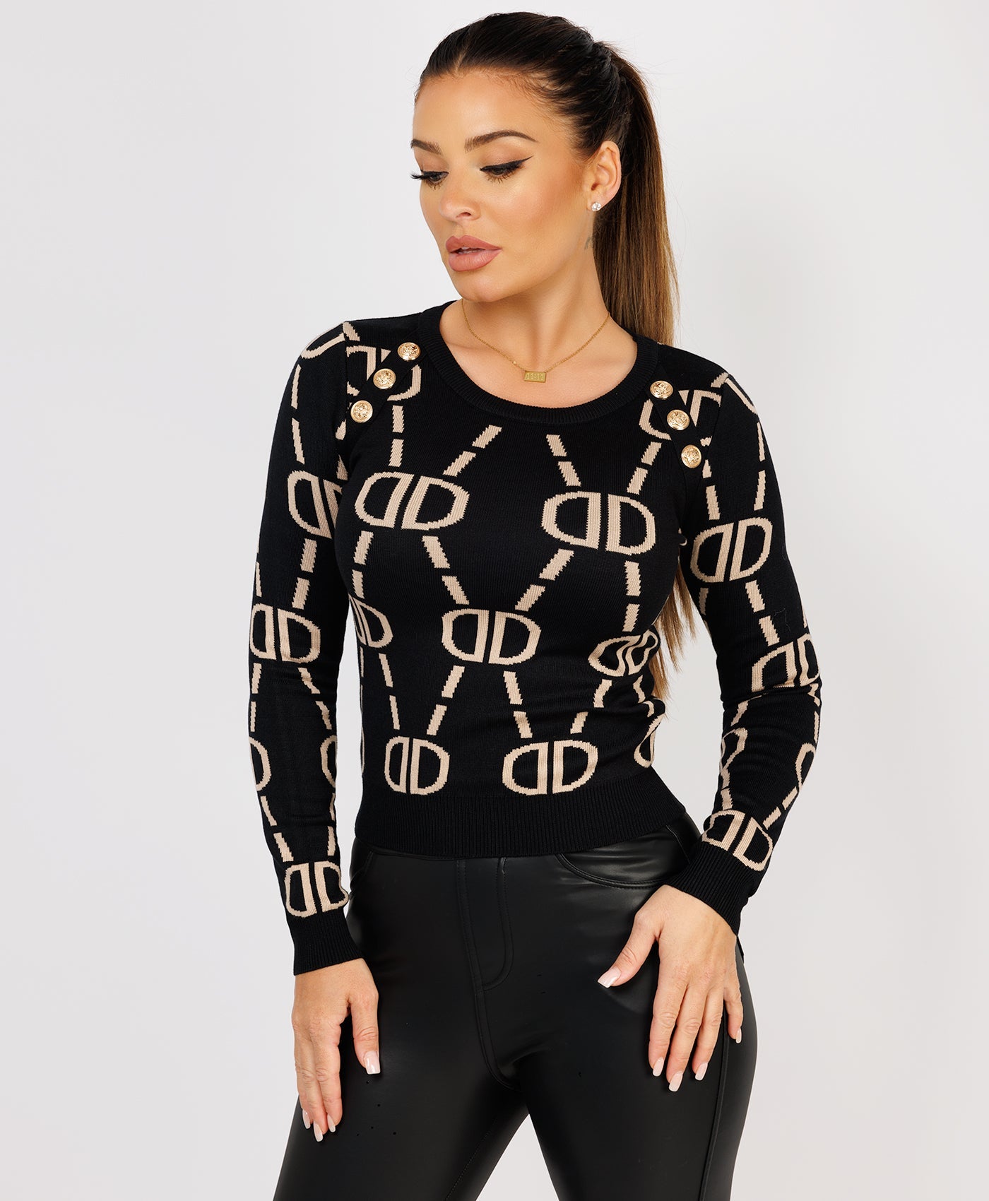 Ruffle-Shoulder-Sleeve-Ribbed-Set-Black Beige-3