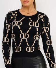 Ruffle-Shoulder-Sleeve-Ribbed-Set-Black Beige-1