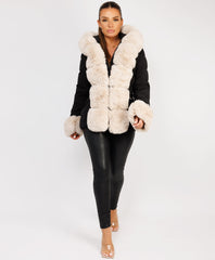 Black Beige-Premium-Faux-Fur-Tiered-Jacket-Coat-4