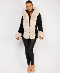Black Beige-Premium-Faux-Fur-Tiered-Jacket-Coat-3