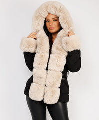 Black Beige-Premium-Faux-Fur-Tiered-Jacket-Coat-1