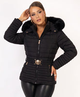 Black Belted Detail Panelled Puffer Jacket with Faux Fur Hood