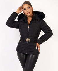 Black Belted Detail Panelled Puffer Jacket with Faux Fur Hood
