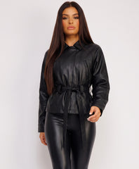 Black Belted Faux Leather Biker Jacket