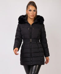 Black Belted Puffer Coat with Faux Fur Hood