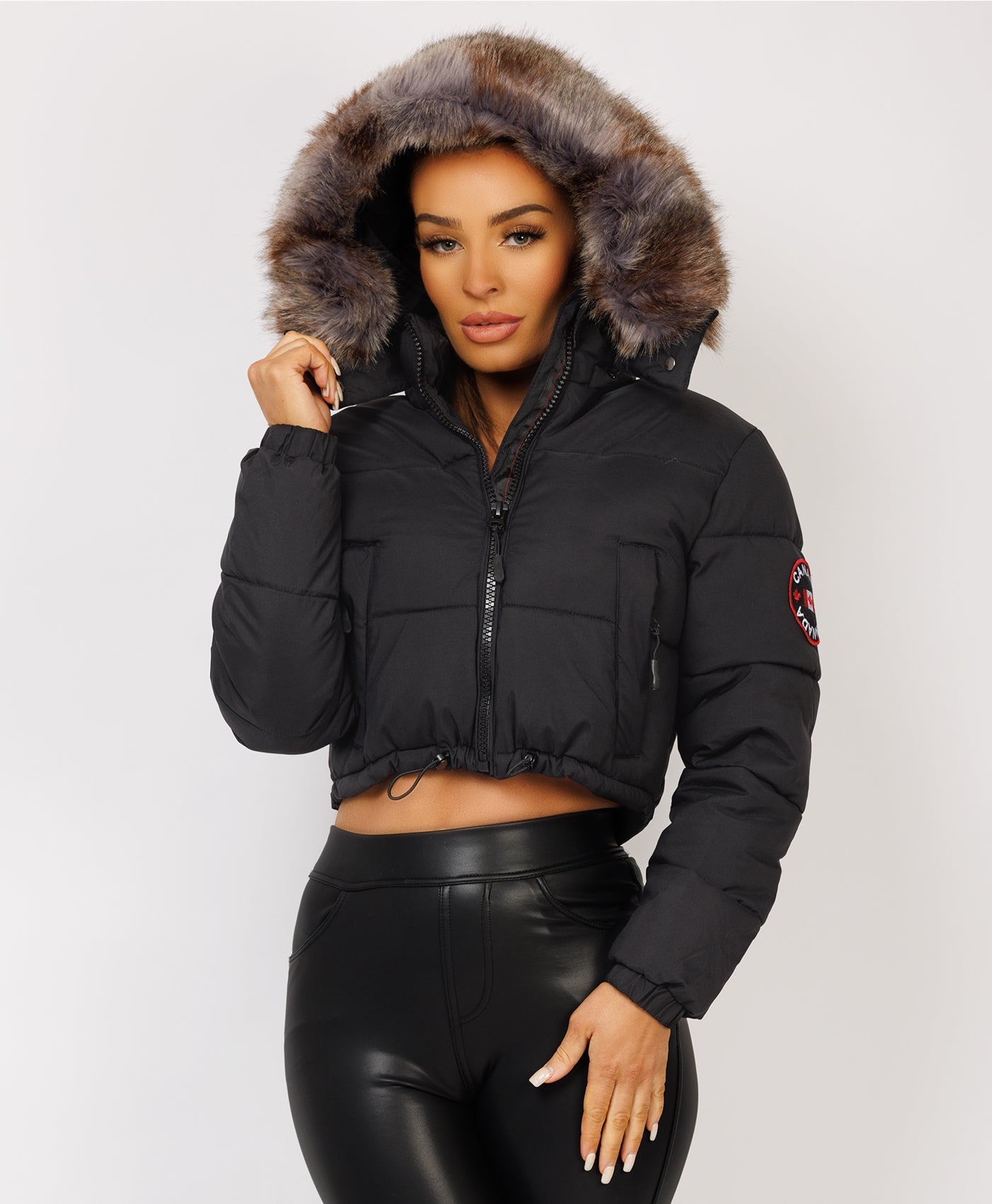 Black Canada Cropped Puffer Jacket With Fur Hood –