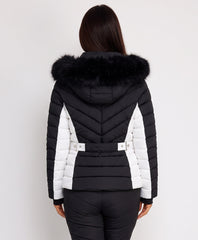 Black Chevron Quilted Faux Fur Hooded Puffer Jacket
