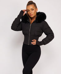 Black Cropped Puffer Jacket With Faux Fur Hood Trim