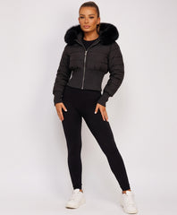 Black Cropped Puffer Jacket With Faux Fur Hood Trim
