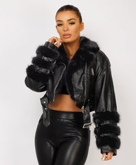 Black-Vegan-Leather-Faux-Fur-Trim-Hooded-Bomber-Jacket-4